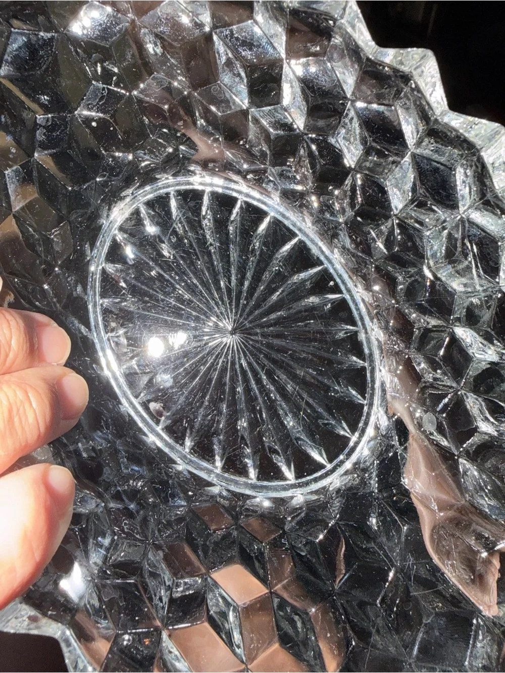 Vintage Pressed Glass with Sea Saw Edge and starburst pattern, cubist Mid-Centur
